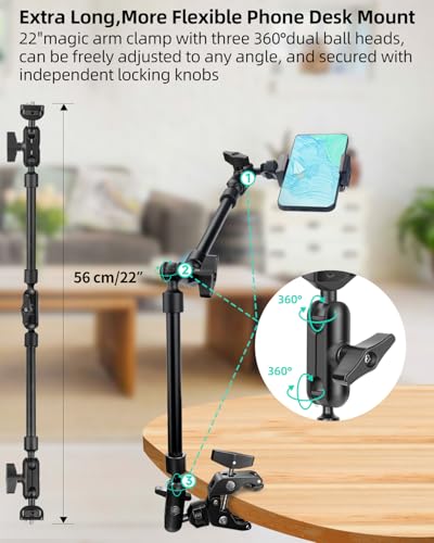 JEBUTU 22" Magic Arm w Clamp, Overhead Phone Mount, Desk Camera Mount w Articulating Friction Boom Arm Thread Adapter, for Phone Video Light Webcam Microphone Action Camera Content Creators - Image 3