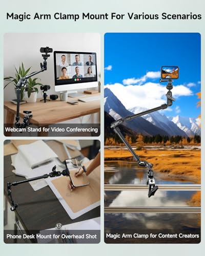 JEBUTU 22" Magic Arm w Clamp, Overhead Phone Mount, Desk Camera Mount w Articulating Friction Boom Arm Thread Adapter, for Phone Video Light Webcam Microphone Action Camera Content Creators - Image 2