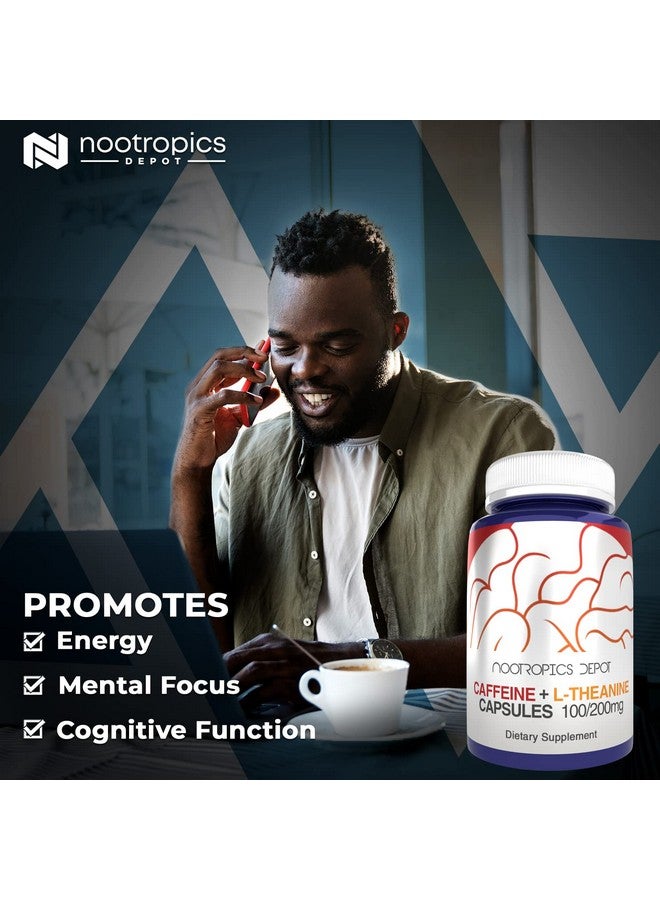 Nootropics Depot Caffeine and L-Theanine Capsules | 60 Count | Contains 200mg of Caffeine and 100mg of L-Theanine | Natural Supplement | Energy Booster | Mental Focus + Alertness | Coffee Alternative