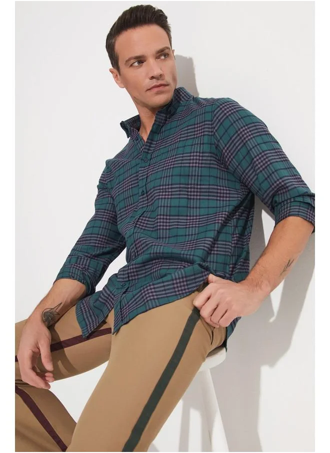 جون June Men Checkered Long Sleeve Shirt Green - Navy
