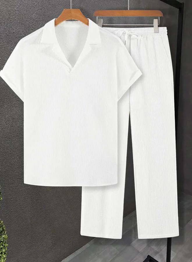 تايك تو White Textured Polo T-Shirt and Trousers Co-Ord Set