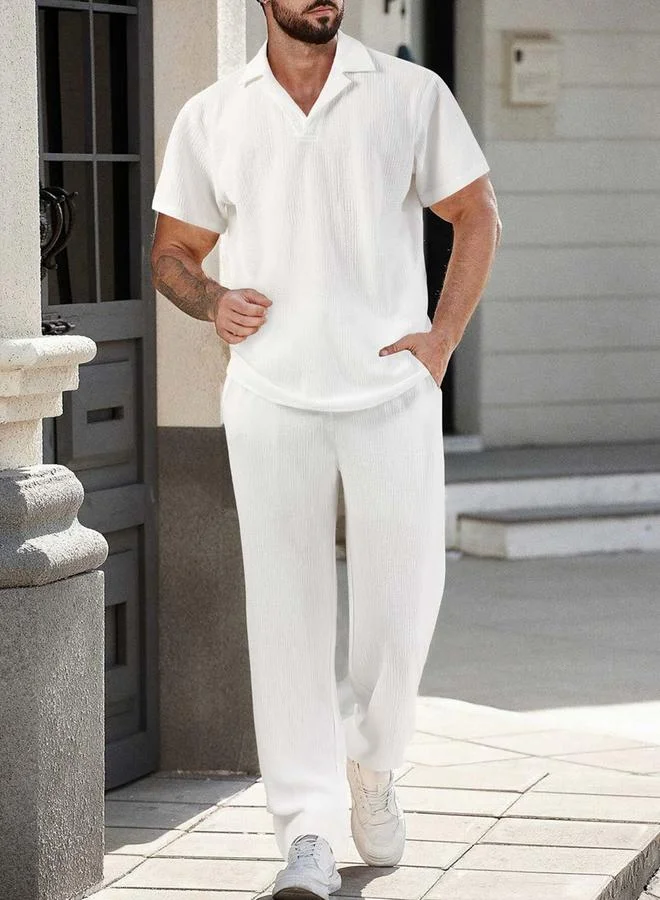 تايك تو White Textured Polo T-Shirt and Trousers Co-Ord Set