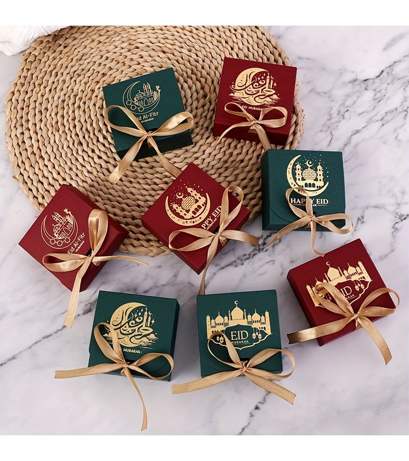 10 Eid Mubarak and Ramadan Blessings Gift Boxes Paper Candy Chocolate Gift Boxes with Ribbon in Red Suitable for Eid Party Supplies and Decorations - Image 2