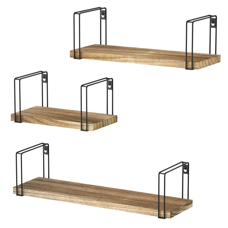 SRIWATANA Rustic Floating Shelves Decorative Wood Wall Shelves Set of 3 Wall Mounted Storage Shelves for Bedroom Living Room Kitchen Bathroom Office and More Carbonized Black