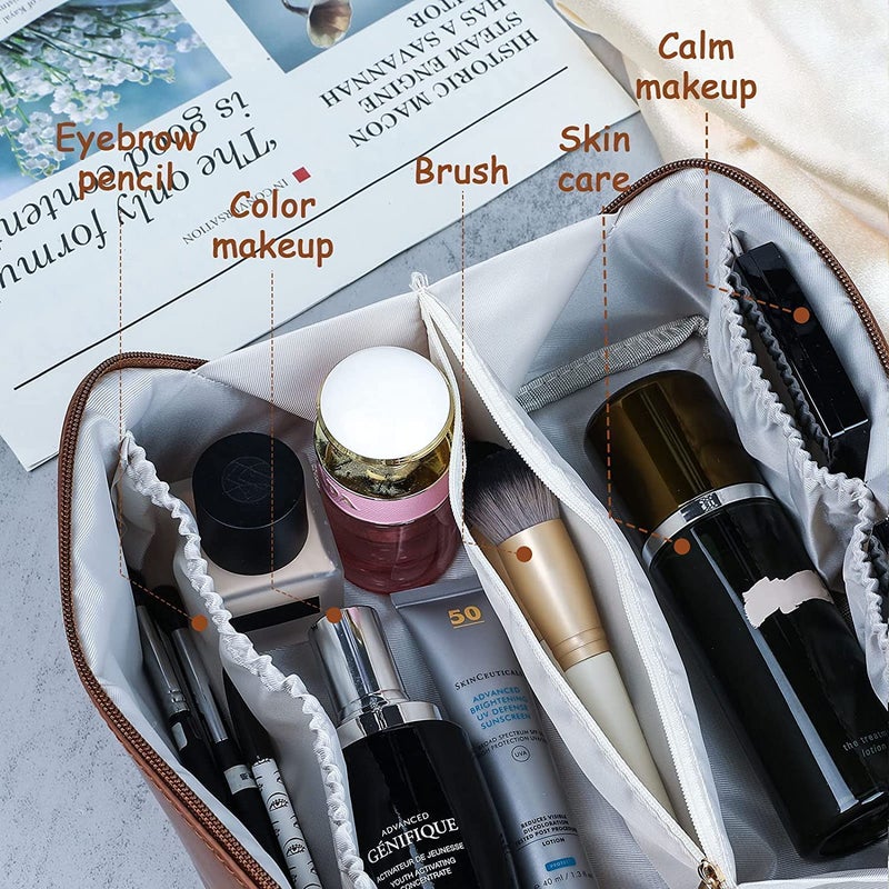Vichip Cosmetic Bag for Women Litchi PU Leather Makeup Pouch for Women Large Capacity Cosmetic Travel Bag Portable Makeup Kit Storage Bag Makeup Organizer Bag - Image 3