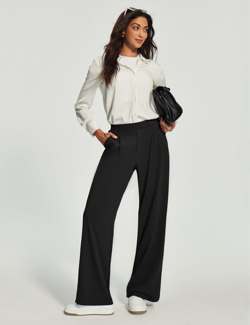 Heathyoga Womens Dress Pants Pull On Wide Leg Stretchy Work Pants Women Business Casual Outfits Slacks for Women Trousers Black - Image 2