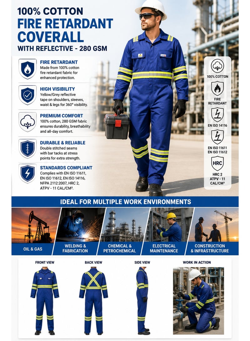 WORKLAND 100% Cotton Fire Retardant Coverall with Reflective Tape | 280 GSM Flame Resistant Safety Coverall | EN ISO 11611, EN ISO 11612 & EN ISO 14116 Certified | Blue | FRC - Image 2