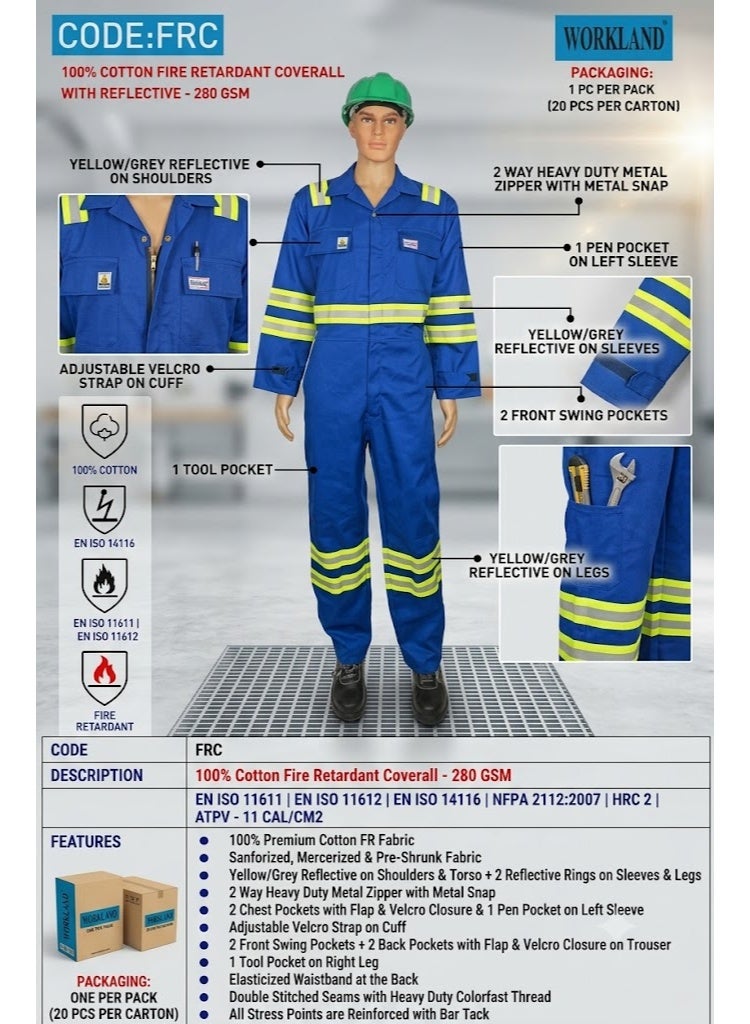 WORKLAND 100% Cotton Fire Retardant Coverall with Reflective Tape | 280 GSM Flame Resistant Safety Coverall | EN ISO 11611, EN ISO 11612 & EN ISO 14116 Certified | Blue | FRC - Image 3