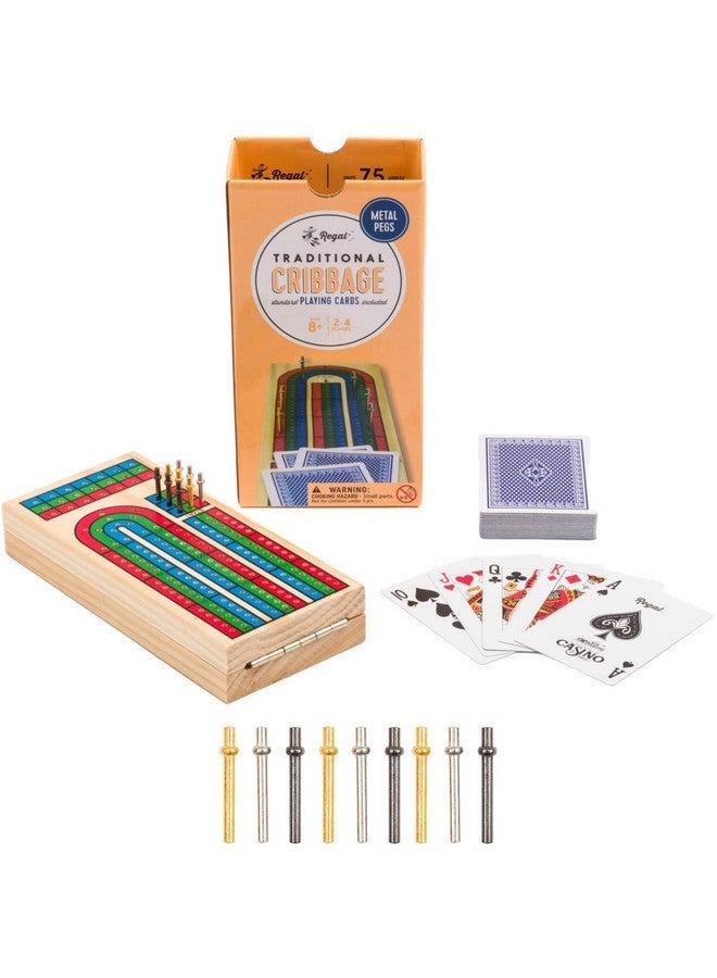 Regal Games Cribbage Board Game Set W/Storage - Fun Table Game With Wooden Board For Adults & Kids - 9 Metal Pegs, Deck Of Playing Cards & 2-4 Player Games - Ideal For Game Night, Travel (Ages 8+) - Image 3