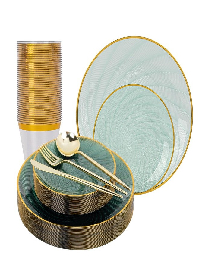 N9R 180Pcs Green Plastic Plates- Disposable Dinnerware Set with Gold Rim for 30 Guests, Include 30Dinner Plate, 30Dessert Plates, 30Cups, 90Silverware for Party & Wedding - Image 1