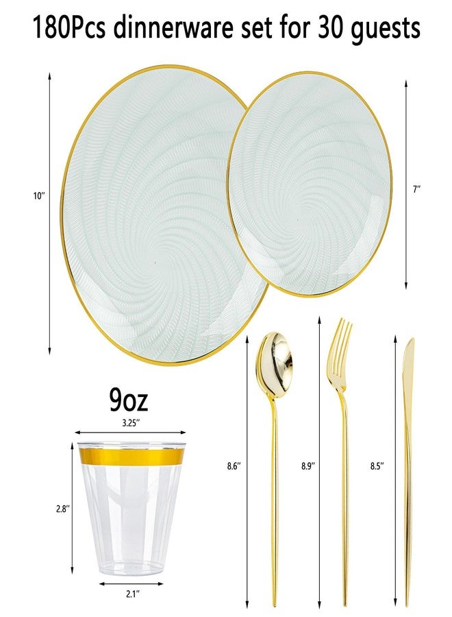 N9R 180Pcs Green Plastic Plates- Disposable Dinnerware Set with Gold Rim for 30 Guests, Include 30Dinner Plate, 30Dessert Plates, 30Cups, 90Silverware for Party & Wedding - Image 2
