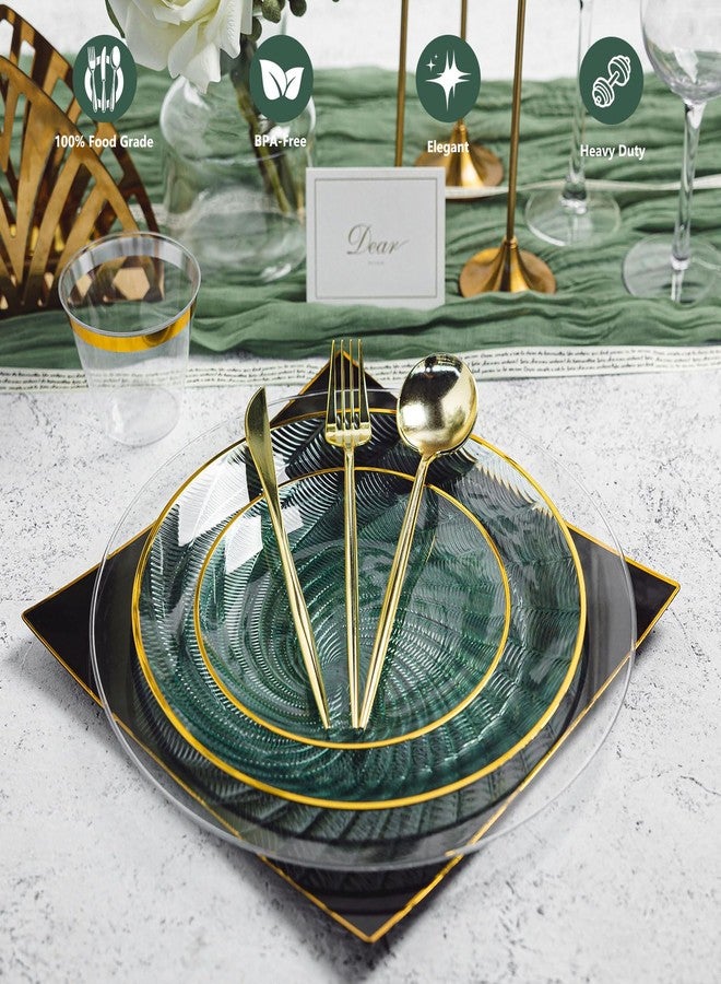 N9R 180Pcs Green Plastic Plates- Disposable Dinnerware Set with Gold Rim for 30 Guests, Include 30Dinner Plate, 30Dessert Plates, 30Cups, 90Silverware for Party & Wedding - Image 3