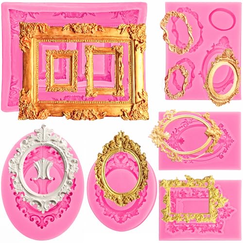 Elsjoy 6 Pack Photo Frame Silicone Fondant Molds, Vintage Picture Frame Cake Mold for Baking, Chocolate, Baroque Style - Image 1