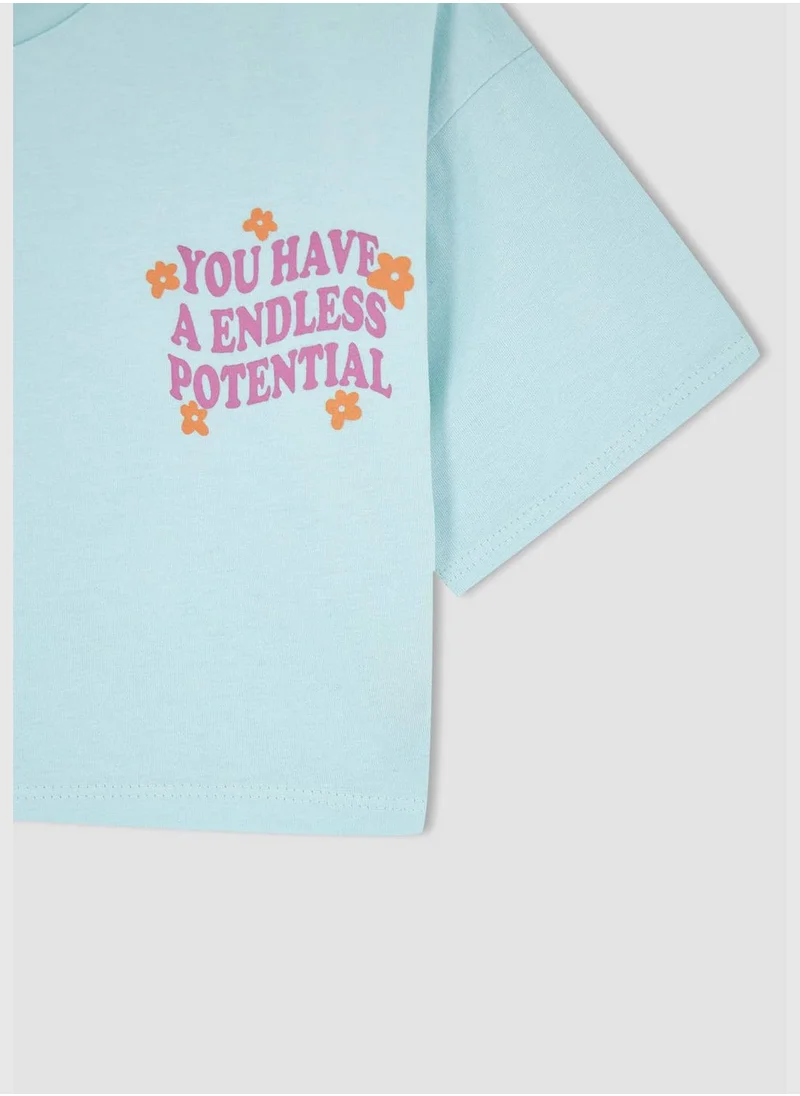 DeFacto Short Sleeve Slogan Print Crop Top