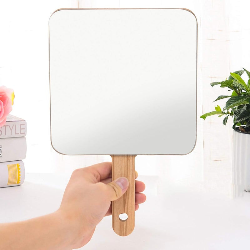 Hand Travel Mirror with Handle, Vanity Mirror, Portable Flat Wood Mirror, Square and Round, Cosmetic Makeup Salon Hand Mirror for Hairdressers, 19 * 19cm - Image 2