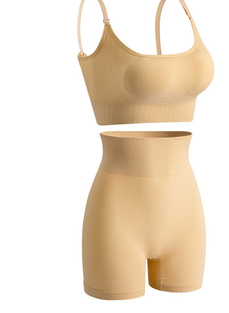 Loquat Women's Solid Color Sport Fitness Lingerie Set 2-piece Seamless Wireless Bra+High Waist Boxer Shorts Sport Suit Beige  - Image 2