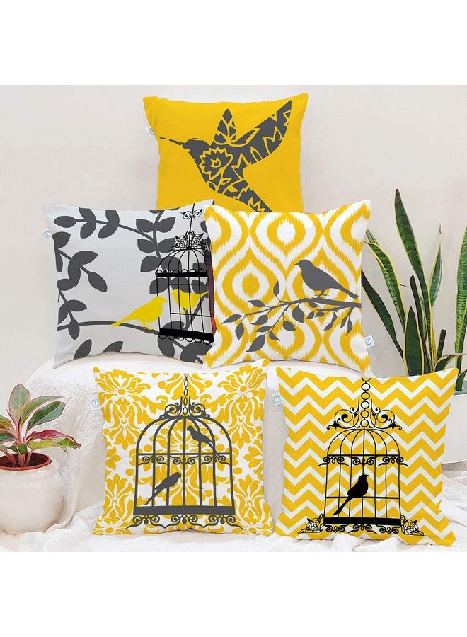 STITCHNEST Ikat Yellow Grey Bird Digital Printed Poly Cotton Cushion Covers, Set of 5, (18 x 18 Inches) - Image 1