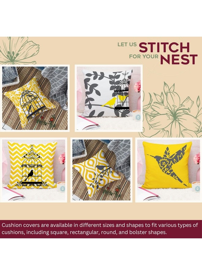 STITCHNEST Ikat Yellow Grey Bird Digital Printed Poly Cotton Cushion Covers, Set of 5, (18 x 18 Inches) - Image 2