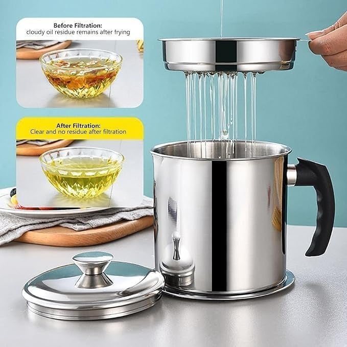 JETVEEK Stainless Steel Oil Filter Cooking Oil Fat Separator Pot Grease Keeper Household Oil Pot with Lid Metal Large Frying Oil Disposal Storage Can Pack of 1 - Image 5