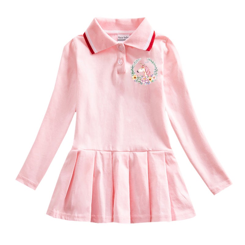 Polo Shirt Cotton Children'S Clothing Student Children Dress Girl Baby Western Style Long Sleeve Pleated Skirt - Image 4