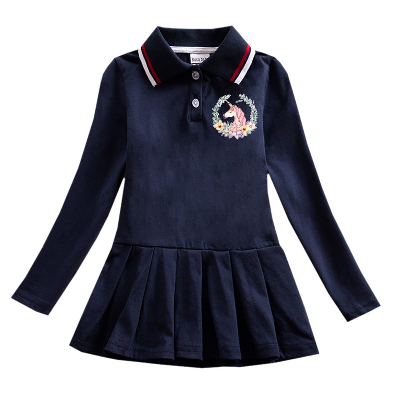 Polo Shirt Cotton Children'S Clothing Student Children Dress Girl Baby Western Style Long Sleeve Pleated Skirt - Image 1