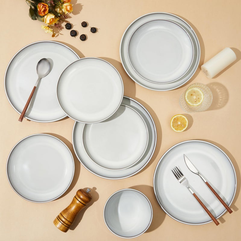 Pokini Santorini Mist Terracotta Reactive Glaze Plates and Bowls Sets, Stoneware Dinnerware Sets, Microwave and Dishwasher Safe Ceramic Dish Set Service for 4, Moonstone White - Image 3