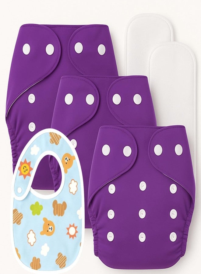 Kritiu Reusable Baby Cloth Diapers (0-3 Years) Pack of 3 with 2 Inserts & Bib | Leak-Proof & Adjustable | Washable Up to 300 Times | Waterproof, BPA-Free, Eco-Friendly, Anti Bacterial, Rashes Free Diapers for Babies & Toddlers (3-17 kg) (PURPLE) - Image 1