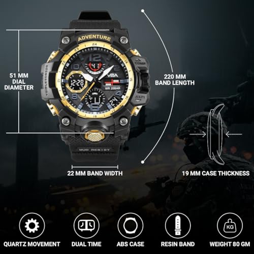 V2A Men's Digital Analog Sports Watch (Black Dial, Black Resin Strap) - Image 4