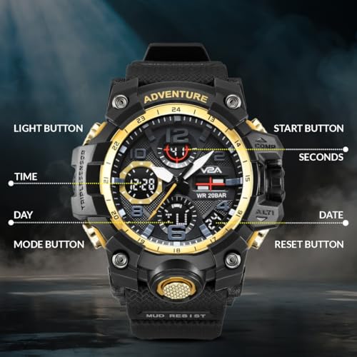 V2A Men's Digital Analog Sports Watch (Black Dial, Black Resin Strap) - Image 2