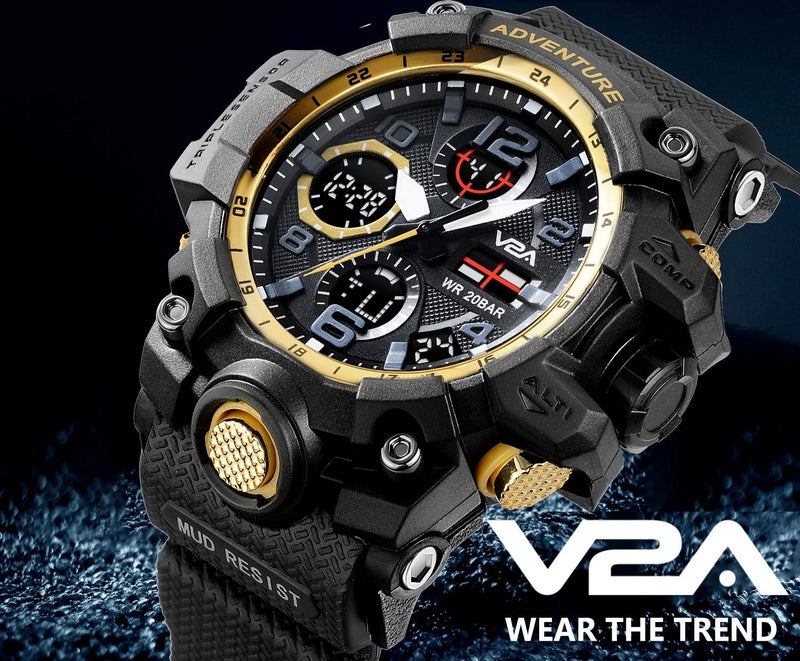 V2A Men's Digital Analog Sports Watch (Black Dial, Black Resin Strap) - Image 5