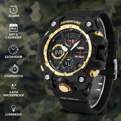 V2A Men's Digital Analog Sports Watch (Black Dial, Black Resin Strap) - Image 3