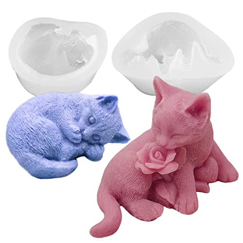 japleed 2Pcs Silicone Cat Mold 3D Cat Rose Soap Mold Silicone Molds for Candle Soap Making Cat Resin Candle Molds Cute Animal Epoxy Casting Plaster Concrete Mould DIY Art Crafts Kit Home Decor - Image 1