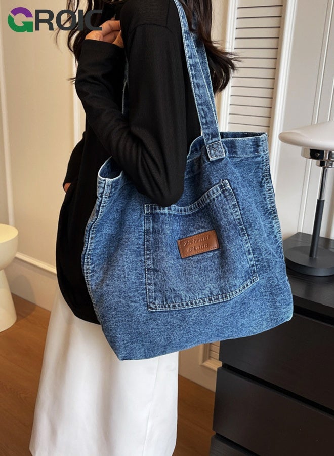 GROIC Denim Tote Bag for Women,Retro Large Canvas Crossbody Tote Bag,Handbag Perfect for Work Shopping,Shoulder Bag for Outdoor Activities - Image 1
