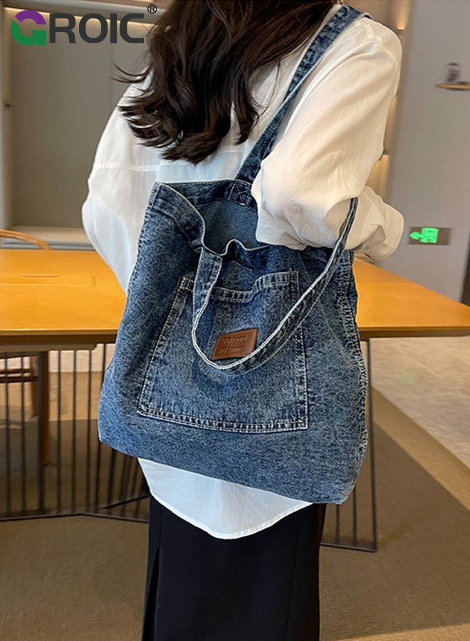 GROIC Denim Tote Bag for Women,Retro Large Canvas Crossbody Tote Bag,Handbag Perfect for Work Shopping,Shoulder Bag for Outdoor Activities - Image 4