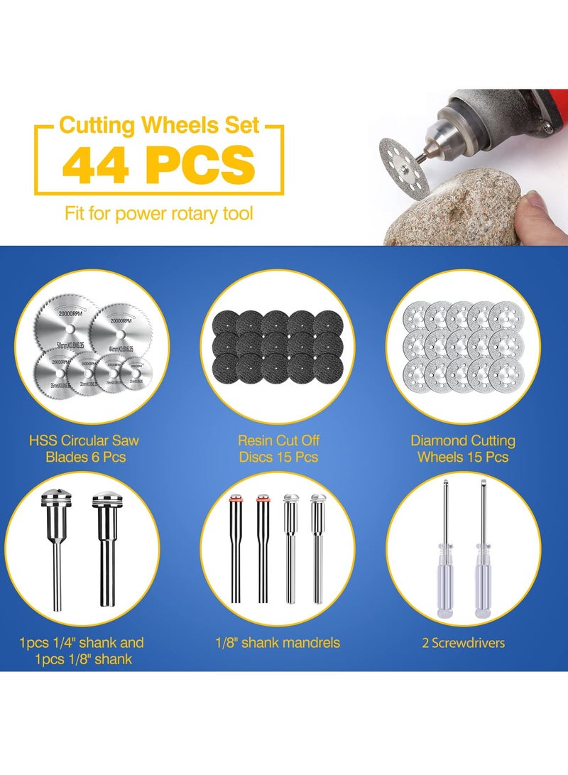 Excefore Cutting Wheels Set for Rotary Tool, 44 Pcs Accessories Kit, Includes 15 Diamond Cutting Wheels, 15 Resin Cut Off Discs, 6 HSS Circular Saw Blades, 6 Mandrel Shanks, and 2 Screwdrivers, Gifts for Men  - Image 2
