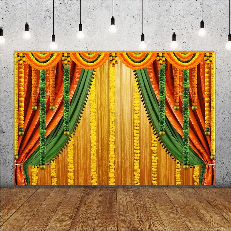 Lofaris India Pooja Photography Backdrop Puja Ganpati Pooja Traditional Mehndi Festival Background Diwali Decorations Wedding Party Marigold Garlands Photo Props 5x3ft - Image 1