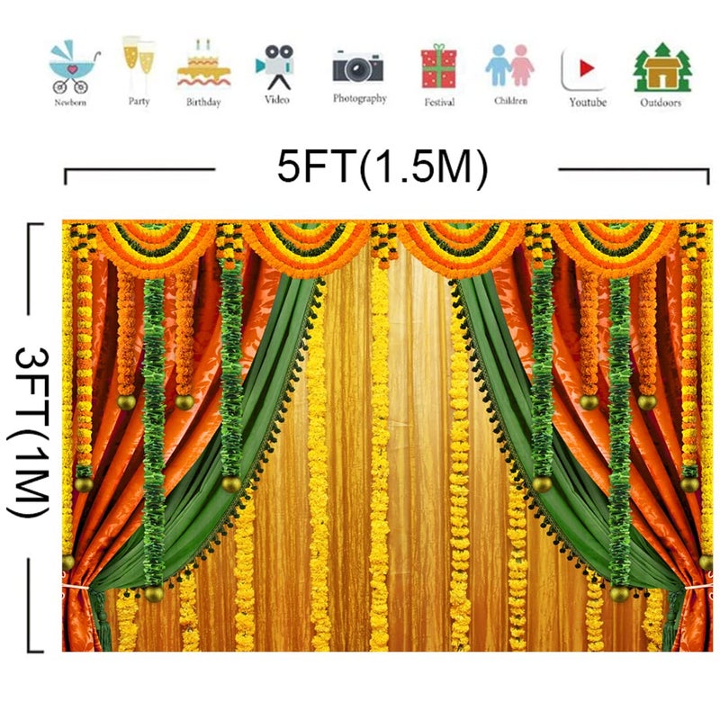 Lofaris India Pooja Photography Backdrop Puja Ganpati Pooja Traditional Mehndi Festival Background Diwali Decorations Wedding Party Marigold Garlands Photo Props 5x3ft - Image 2