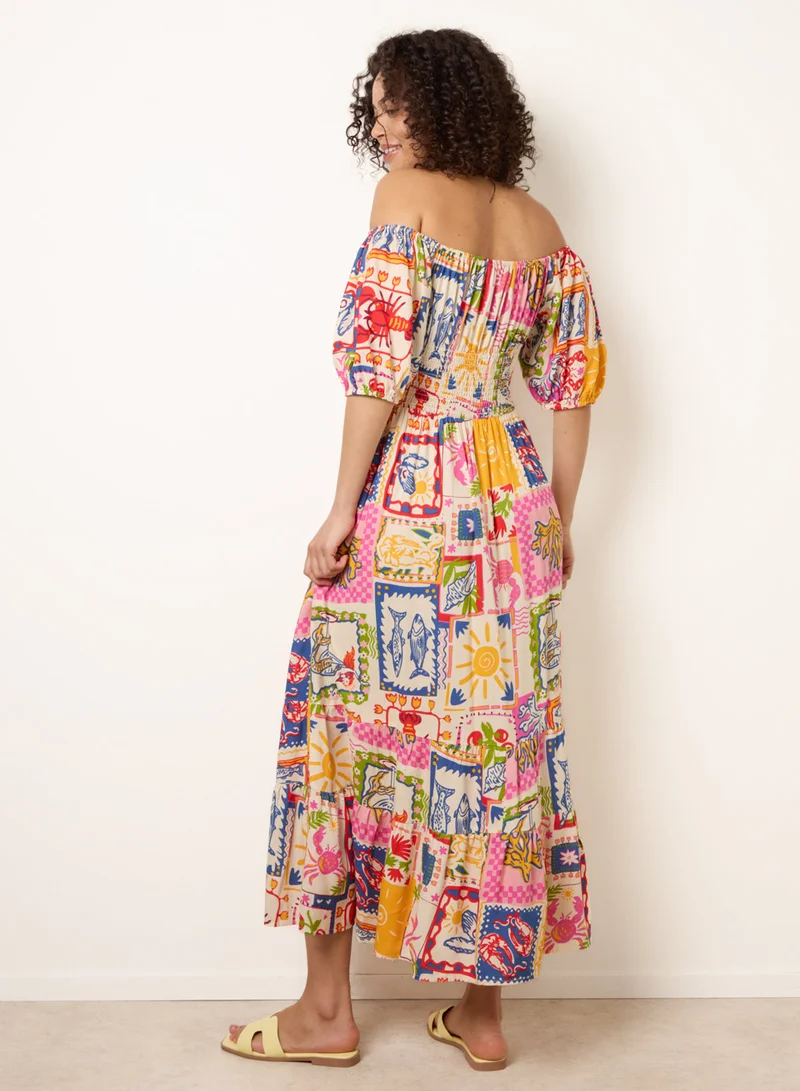 بلو فانيلا Postcard Tie Front Bardot Shirred Midi Dress