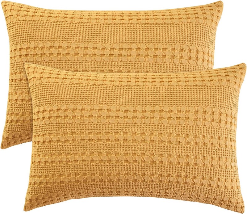 PHF 100% Cotton Waffle Pillow Shams King Size, 2 Pack 20" x 36" Soft Skin-Friendly Pillowcases, No Filling, Aesthetic Woven and Breathable Waffle Weave Pillow Case Covers for Bed, Honey Yellow - Image 1