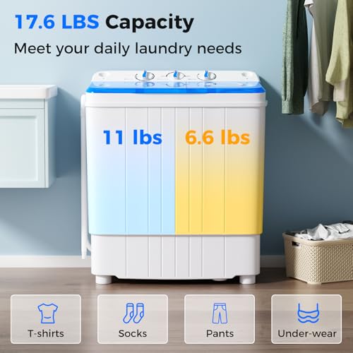 Giantex Portable Washing Machine, 17.6lbs Compact Washer Spinner Combo with Pump Drain, Twin Tub 11lbs Wash & 6.6lbs Spin, Lavadoras Portatiles for Apartment RV Dorm College (White & Blue) - Image 2
