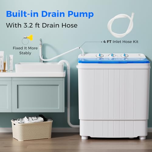 Giantex Portable Washing Machine, 17.6lbs Compact Washer Spinner Combo with Pump Drain, Twin Tub 11lbs Wash & 6.6lbs Spin, Lavadoras Portatiles for Apartment RV Dorm College (White & Blue) - Image 5