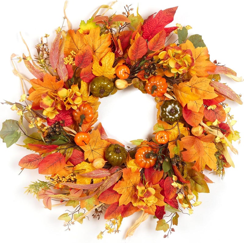 Vsonker Fall Wreath for Front Door,24" Autumn Front Door Wreath Fall Decorations with Pumpkins Hydrangea Maple Leaves for Porch Window Farmhouse Halloween Thanksgiving Harvest Festival Home Decor - Image 1