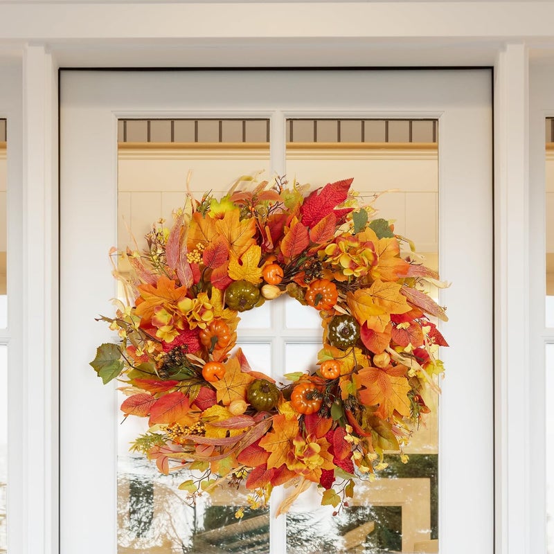 Vsonker Fall Wreath for Front Door,24" Autumn Front Door Wreath Fall Decorations with Pumpkins Hydrangea Maple Leaves for Porch Window Farmhouse Halloween Thanksgiving Harvest Festival Home Decor - Image 2