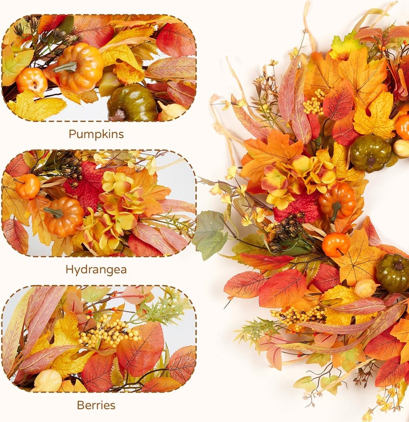 Vsonker Fall Wreath for Front Door,24" Autumn Front Door Wreath Fall Decorations with Pumpkins Hydrangea Maple Leaves for Porch Window Farmhouse Halloween Thanksgiving Harvest Festival Home Decor - Image 3