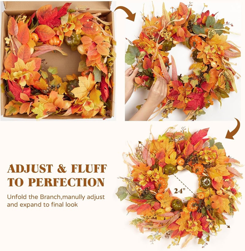 Vsonker Fall Wreath for Front Door,24" Autumn Front Door Wreath Fall Decorations with Pumpkins Hydrangea Maple Leaves for Porch Window Farmhouse Halloween Thanksgiving Harvest Festival Home Decor - Image 4