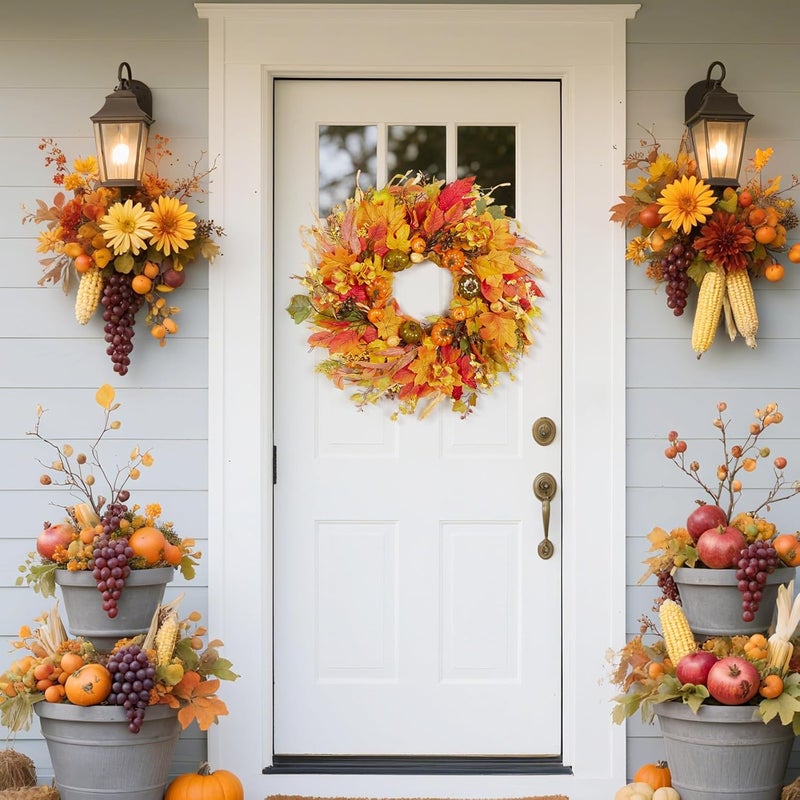 Vsonker Fall Wreath for Front Door,24" Autumn Front Door Wreath Fall Decorations with Pumpkins Hydrangea Maple Leaves for Porch Window Farmhouse Halloween Thanksgiving Harvest Festival Home Decor - Image 5