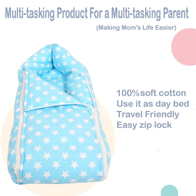 Nonibud Baby Cotton Sleeping Bed Cum Carrying Nest Bag with Storage Bag Large Size 77 Cms X 40 Cms 09 Months SkyBlue Star Print Sky Blue Stars - Image 3