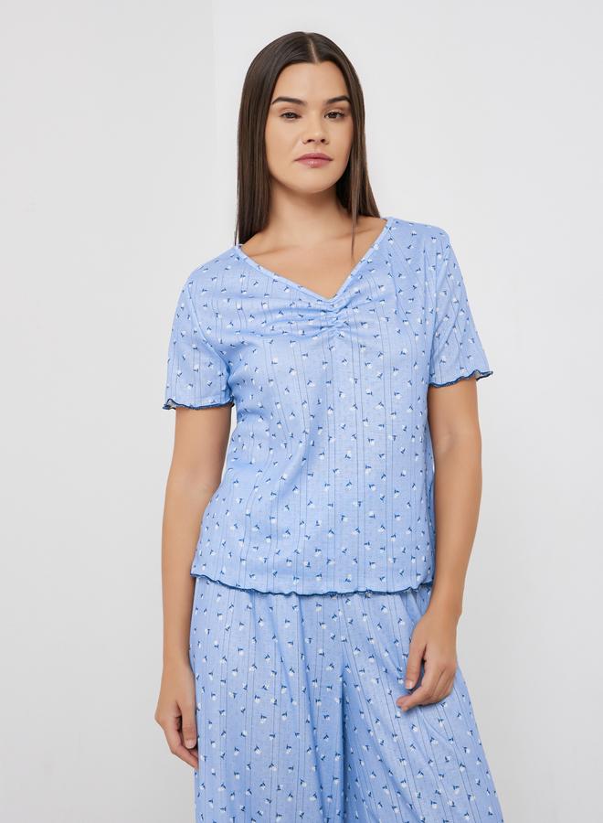 Styli Ditsy Floral Pointelle Dropped Shoulder T-Shirt and Wide Leg Pyjama Set - Image 2