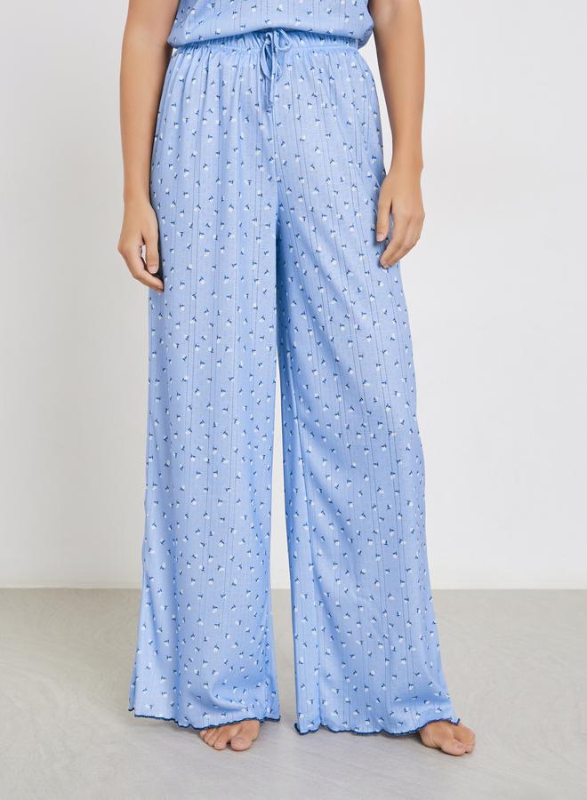 Styli Ditsy Floral Pointelle Dropped Shoulder T-Shirt and Wide Leg Pyjama Set - Image 4