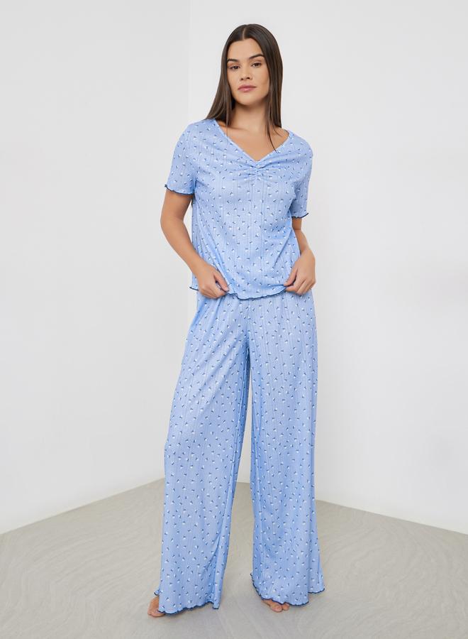 Styli Ditsy Floral Pointelle Dropped Shoulder T-Shirt and Wide Leg Pyjama Set - Image 1